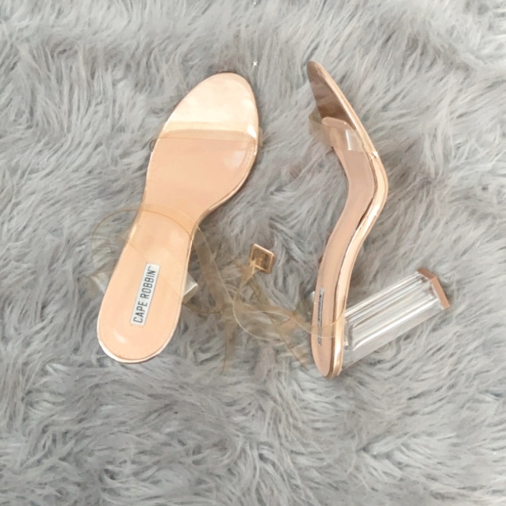Clear side latch block heels with rose gold detail